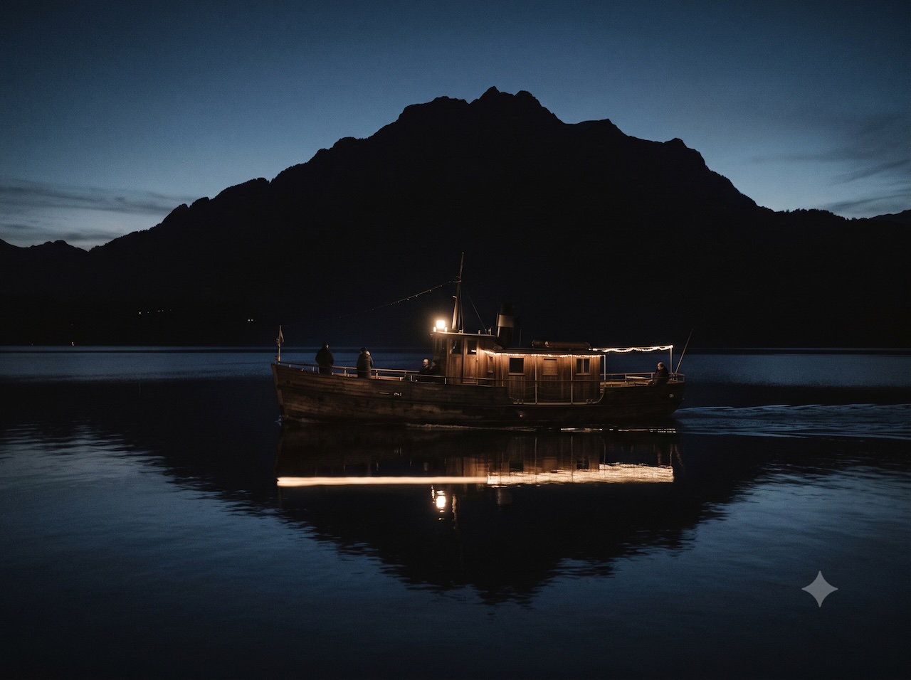 Ein Schiff bei Nacht auf dem See, Laternenlicht vor der Silhouette eines Berges.