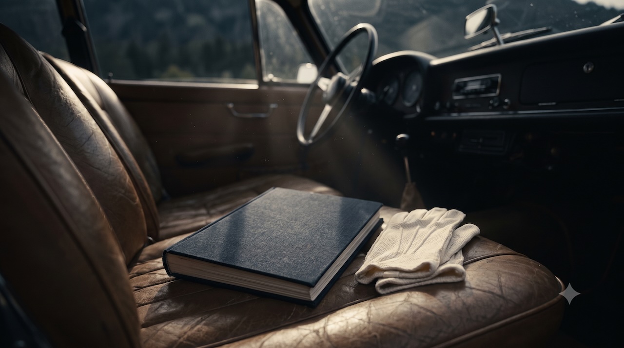 Ein Roadbook und Fahrhandschuhe auf dem Ledersitz eines klassischen Wagens.