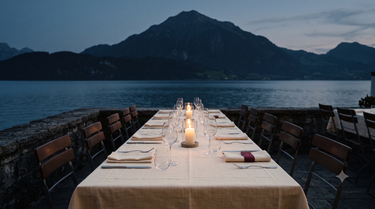 Eine gedeckte Tafel in der Dämmerung auf einer Seeterrasse, die Stühle noch leer.