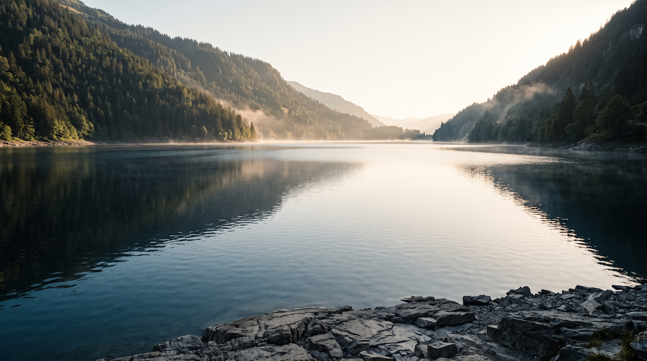 Morning light over a calm alpine lake, mist lifting off the water.
