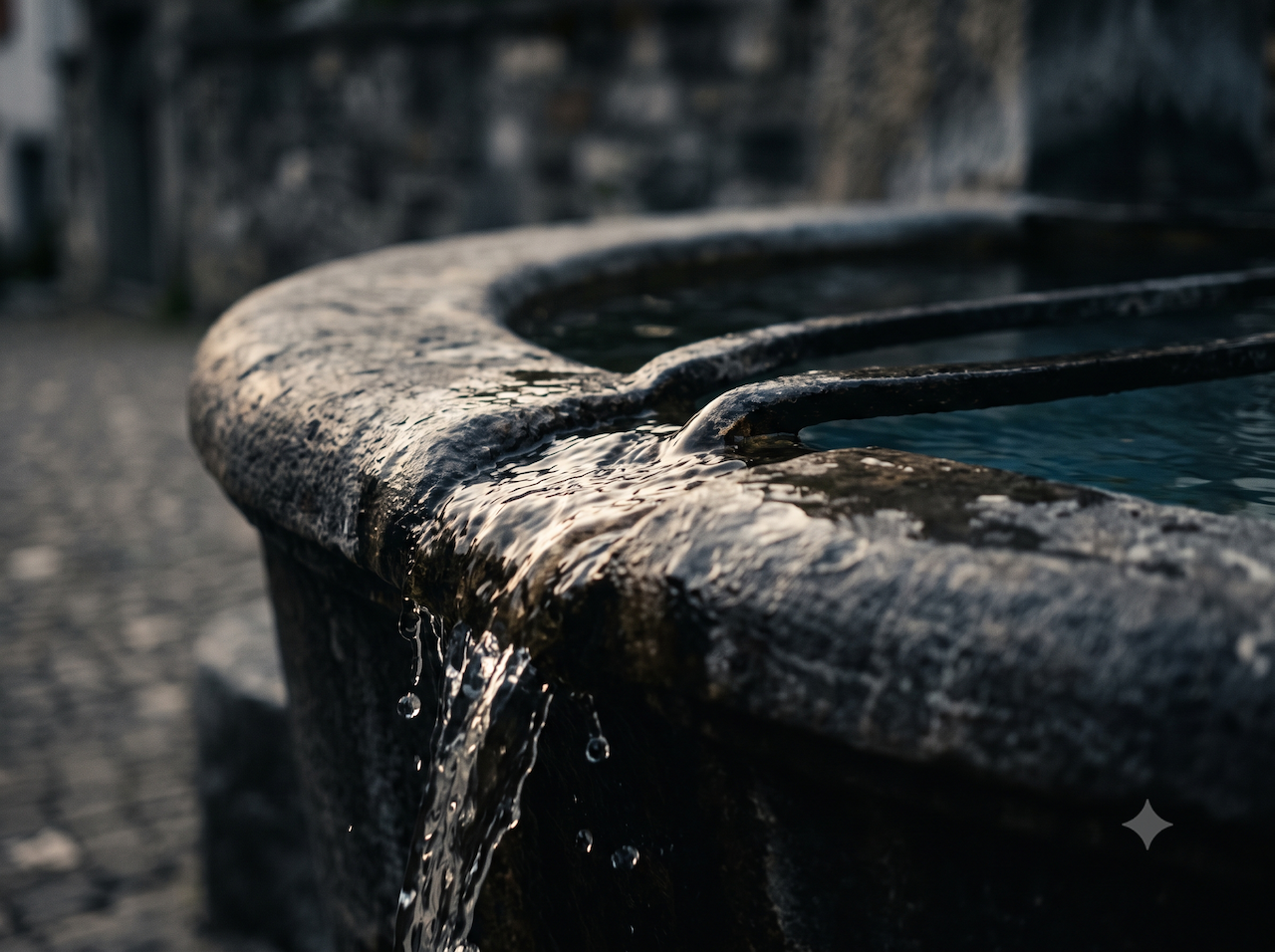 Wasser fliesst über den steinernen Rand eines alten Brunnens.